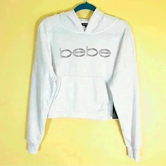 NWT Bebe White Logo Studded Long Sleeve Kangaroo Pocket Cropped Hoodie Size M - Picture 2 of 15